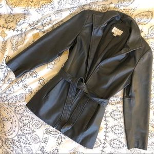 Black Leather Jacket with tie-waist - Size medium